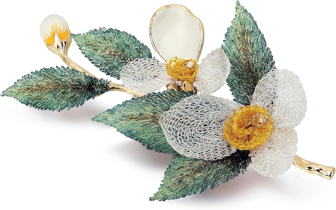 Handmade Embroidery Flower Brooch Pins for Women, SHE'S FREE STYLE JUST FOR YOU Luxury Gradient Stitching Floral Brooch Pins with Crystal stamen, Enamel Metal Butterfly with Green Leaves, Hand Dripping Oil Jewelry pins