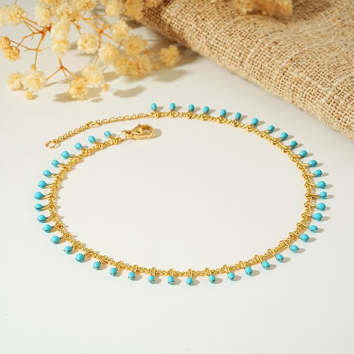 MTMY Gold Anklets for Women 14K Gold Plated Tiny Bead Anklet Colorful Tassel Foot Chain Dainty Adjustable Cute Summer Beach Boho Anklets Jewelry Gift