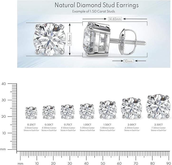 1/5 to 2 Carat TW Natural Real Diamond Solitaire Studs Earrings Available in 14K White and Yellow Gold with Secure Screw Back for Women and Men (Color J-K, Clarity I1-I2)