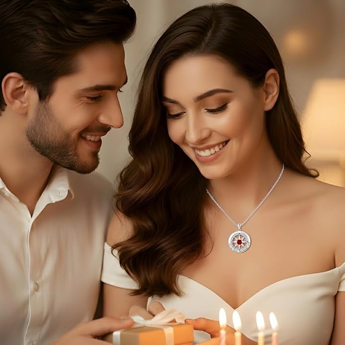 Compass Necklace for Women Wife Girlfriend Mom Daughter Gifts S925 Silver Jewelry For Anniversary Rose Gold Gifts For Birthday Christmas Mothers Valentines Day 12 Birthstones