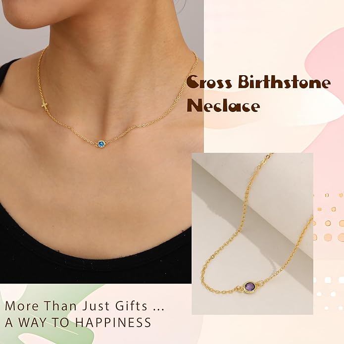 Gold Cross Necklaces for Women, 1-12 Birthstone Necklace Stocking Stuffers for Her Faith Confirmation Gifts for Teen Girls Virgin Mary Necklace Gifts for Christians Birthday Baptism Religious Jewelry