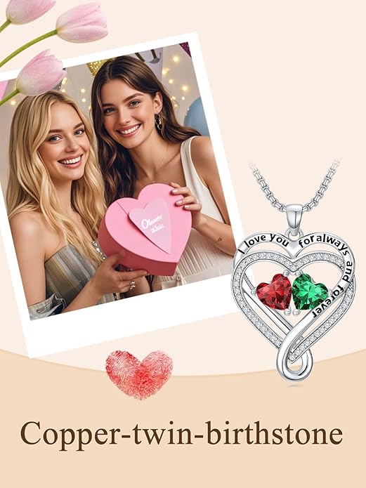I Love You for Awlays and Forever Double Heart Necklace with Birthstone, 2 Birth Stone Jewelry Anniversary Valentines Mothers Day Christmas Birthday Gifts for Women Her Wife Girlfriend Mom Mother