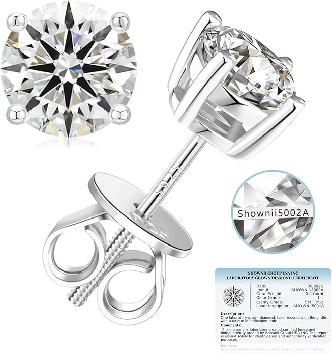SHOWNII Diamond 4-Prong Lab-Grown Diamond Stud Earrings for Women 0.5CT 1CT 14K Gold Plated S925 Sterling Silver Screw Back Earrings(I-J Color, S1-VS2 Clarity)