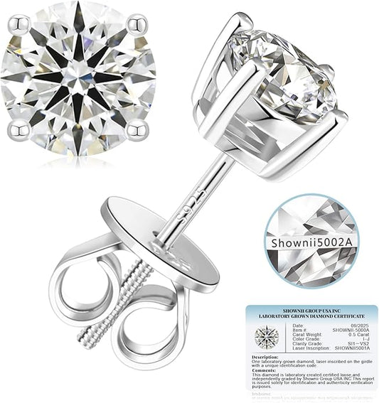 SHOWNII Diamond 4-Prong Lab-Grown Diamond Stud Earrings for Women 0.5CT 1CT 14K Gold Plated S925 Sterling Silver Screw Back Earrings(I-J Color, S1-VS2 Clarity)