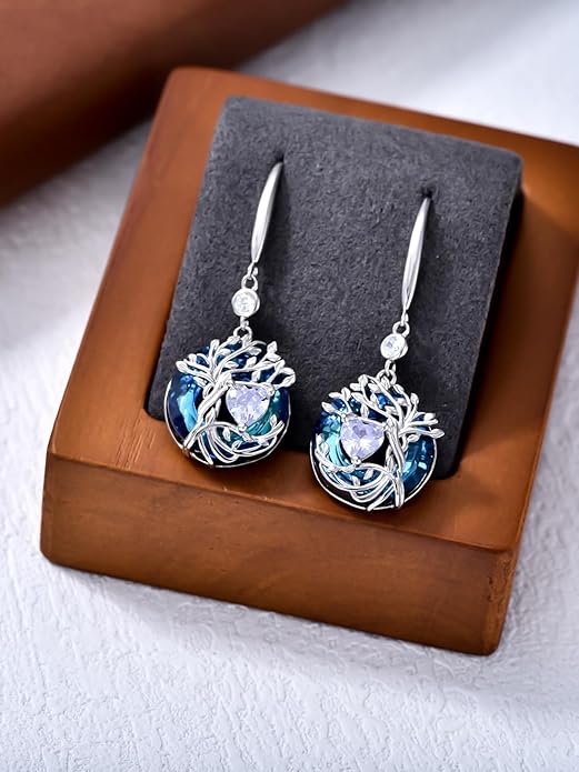 TOUPOP Tree of Life Birthstone Earrings for Women 925 Sterling Silver Family Tree Dangle Earrings Austrian Crystal Jewelry Birthday Christmas Gifts for Her Girlfriend Wife Mom
