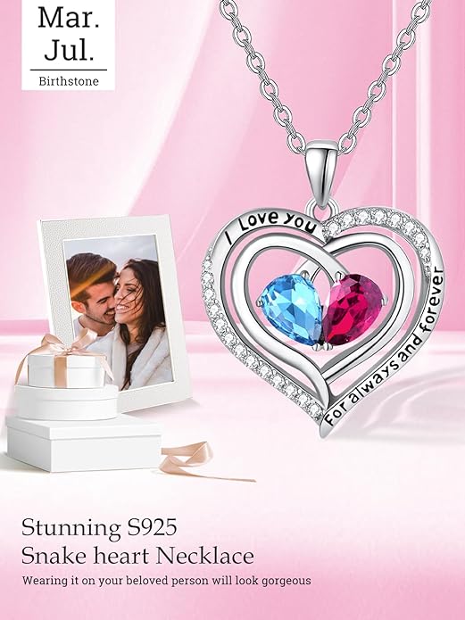 Zeuslia Double Birthstone Necklace Gifts for Wife - 925 Sterling Silver Sunflower/Rose/Crown Cross/Compass/Heart Pendant I Love You Necklace, Anniversary Birthday Gifts for Wife Girlfriend Mom Her