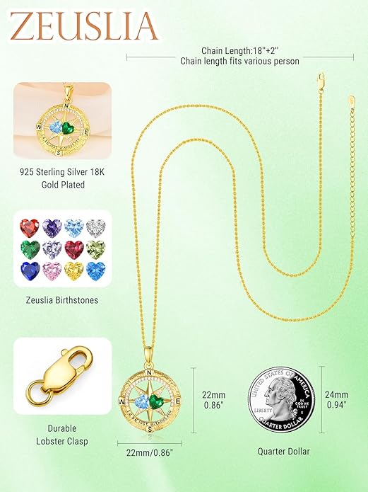 Zeuslia Double Birthstone Necklace Gifts for Wife - 925 Sterling Silver Sunflower/Rose/Crown Cross/Compass/Heart Pendant I Love You Necklace, Anniversary Birthday Gifts for Wife Girlfriend Mom Her