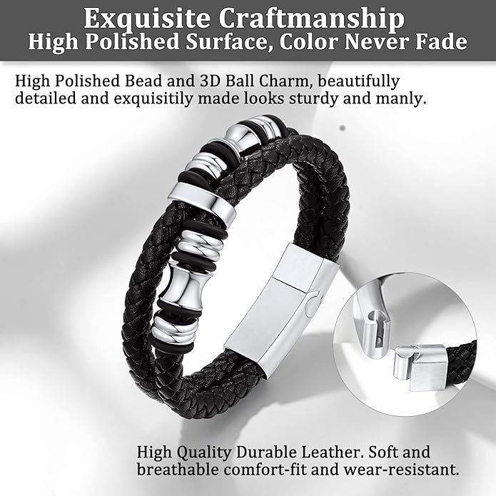 Bestyle Genuine Men Leather Bracelets Fashion Stainless Steel Celtic/Sport Ball Bead Cuff Wirstband Bracelets for Men, Size 7.5/8.3/9.1Inch