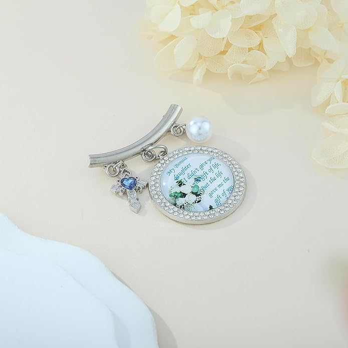 Wedding Bridal Pin, Something Blue Silver Crystal Brooch with Blue Heart Charm, Pearl Accent and Sentimental Message for Mother of Bride Gift