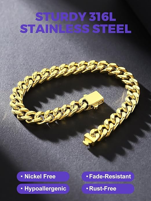 Richsteel 5/7/9/12mm Wide Miami Cuban Link Chain Bracelet for Men Women,Stainless Steel/Gold/Black Plated,7.4/8.2/9 Inch Length,Hip Hop Urban Street-wear Jewelry(Gift Wrapped)