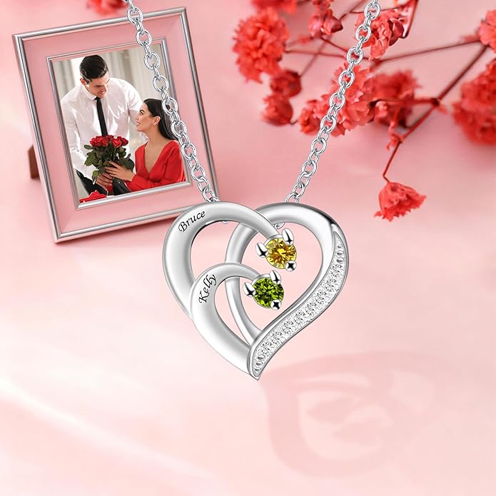 JOBFLY S925 Sterling Silver Customized 2 Birthstone Heart Necklace with 2 Name Engraved Personalized Mother Daughter Necklace Couple Jewelry Christmas Birthday Gift