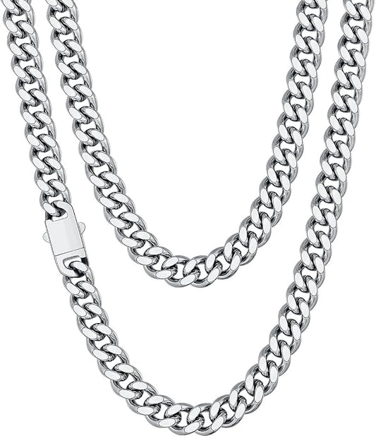 Fiusem Valentines Day Gifts for Him Silver Tone/Black/14K Gold Plated Chain Necklace for Men, 5mm/6mm/7.5mm/8mm/9mm Stainless Steel Cuban Link Chain Necklace, Men's Chains 18-28 Inch Jewelry Gifts