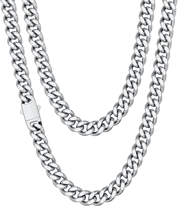 Fiusem Valentines Day Gifts for Him Silver Tone/Black/14K Gold Plated Chain Necklace for Men, 5mm/6mm/7.5mm/8mm/9mm Stainless Steel Cuban Link Chain Necklace, Men's Chains 18-28 Inch Jewelry Gifts