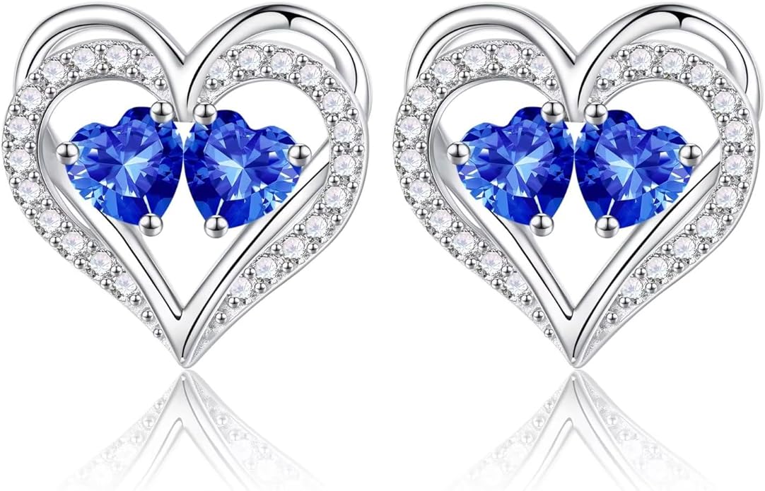 Iefil Birthstone Earrings for Women - 925 Sterling Silver Heart Earrings Anniversary Birthday Gifts for Women Wife Girlfriend Mom