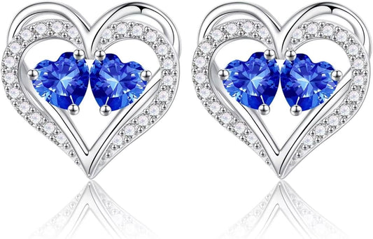 Iefil Birthstone Earrings for Women - 925 Sterling Silver Heart Earrings Anniversary Birthday Gifts for Women Wife Girlfriend Mom