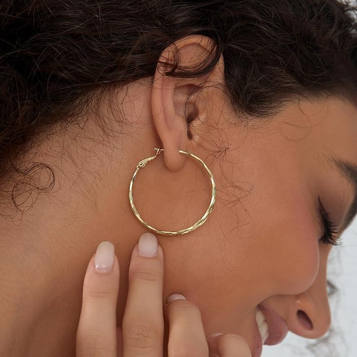 Diamond-Cut Double Hoop Earrings for Women 14k Gold Plated 925 Sterling Silver Posts Lightweight Hypoallergenic Split Hoop Earrings Trendy Jewelry Gifts for Women