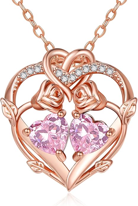 Rose Gold Necklaces for Women Double Birthstone Rose Flower Heart Pendant Necklace Jewelry Anniversary Christmas Valentine's Mother's Day Birthday Gift for Wife Mom Her Girlfriend Sister