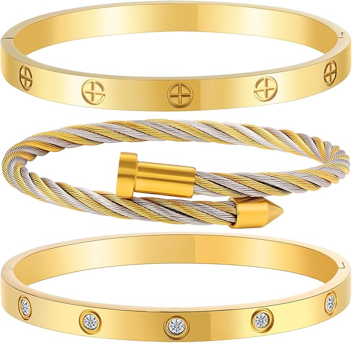 Gold Bracelets for Women - Stackable Bangles with Friendship & Love Theme - Stainless Steel Jewelry Gift for Her