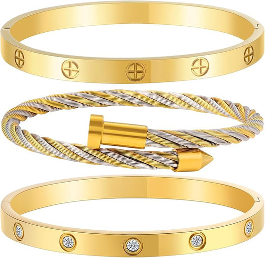Gold Bracelets for Women - Stackable Bangles with Friendship & Love Theme - Stainless Steel Jewelry Gift for Her