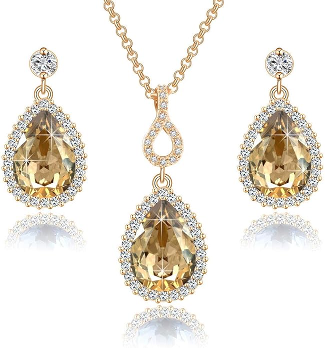 Austrian Crystals Teardrop Pendant Necklace Earrings for Women 14K Gold Plated Hypoallergenic Jewelry Set