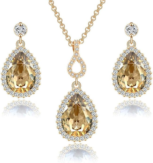 Austrian Crystals Teardrop Pendant Necklace Earrings for Women 14K Gold Plated Hypoallergenic Jewelry Set