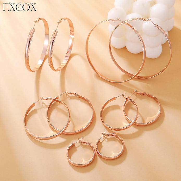 EXGOX 5mm Wide Gold Hoop Earrings for Women,Sterling Silver Hoop Earrings Large Silver Hoop Earrings Hypoallergenic Lightweight 14K Real Gold Plated Big Hoop Earrings for Women 30/40/50/60/70mm