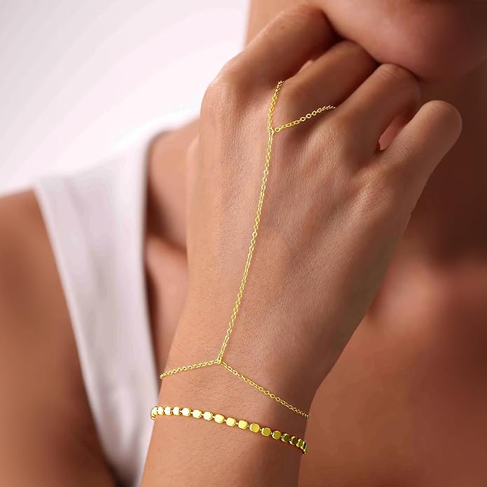 Yoosteel Hand Chain Bracelet for Women - Dainty 14K-Gold-Plated Finger Ring Hand Chains Layered Trendy Link Bracelets Jewelry Gifts for Women