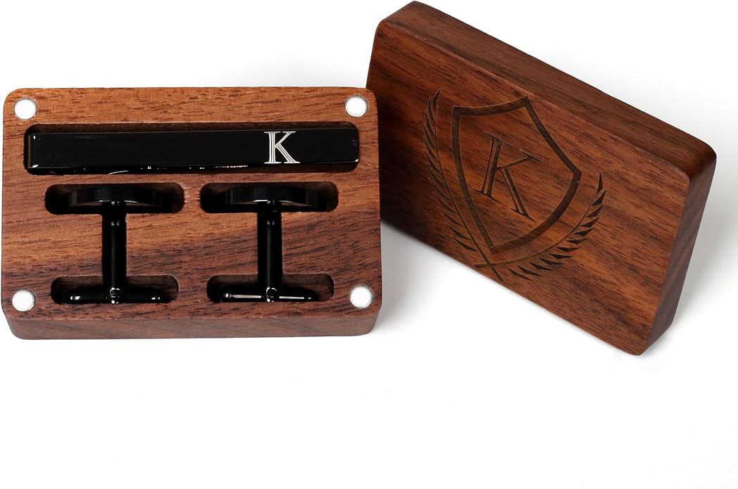 Mens Initial Cufflinks and Tie Clip A-Z Alphabet Letter Black Stainless Cuff Links Tie Bar with Engraved Walnut Wood Box Groom Groomsman Wedding Set