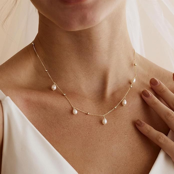Gold Pearl Necklaces for Women Trendy, 14K Gold Plated Dainty Necklace Simple Layered Pearl Necklaces for Women Trendy Wedding Birthday Jewelry