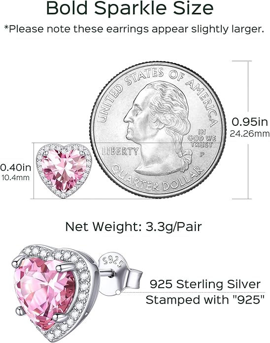 ChicSilver 925 Sterling Silver Birthstone Earrings for Women, 8MM/2 Carat Heart & Round Cubic Zirconia Stud Earrings, Hypoallergenic Jewelry, Ideal Birthday or Christmas Gifts