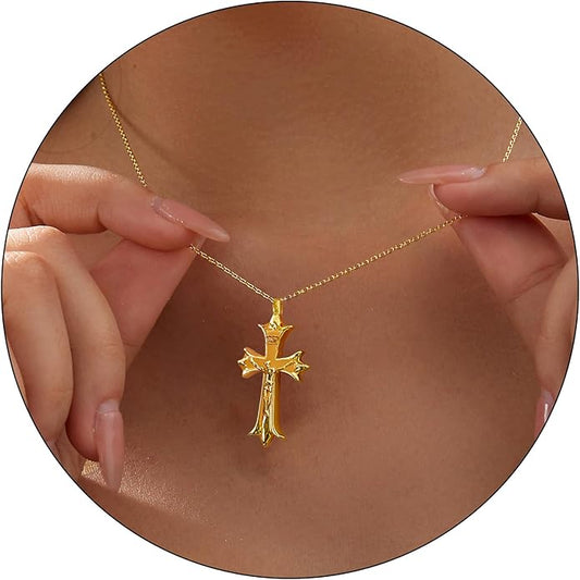 Partm Gold Cross Necklace for Women 14K Plated Dainty Pendant Cross Chain Faith Crucifix Choker Baptism Necklace for Women Trendy Religious Jewelry Hypoallergenic
