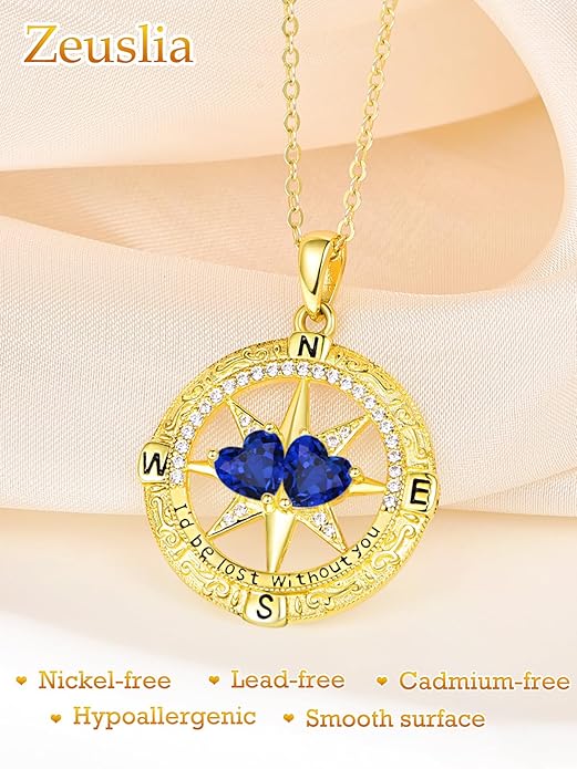 Zeuslia Double Birthstone Necklace Gifts for Wife - 925 Sterling Silver Sunflower/Rose/Crown Cross/Compass/Heart Pendant I Love You Necklace, Anniversary Birthday Gifts for Wife Girlfriend Mom Her