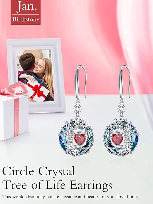 TOUPOP Tree of Life Birthstone Earrings for Women 925 Sterling Silver Family Tree Dangle Earrings Austrian Crystal Jewelry Birthday Christmas Gifts for Her Girlfriend Wife Mom
