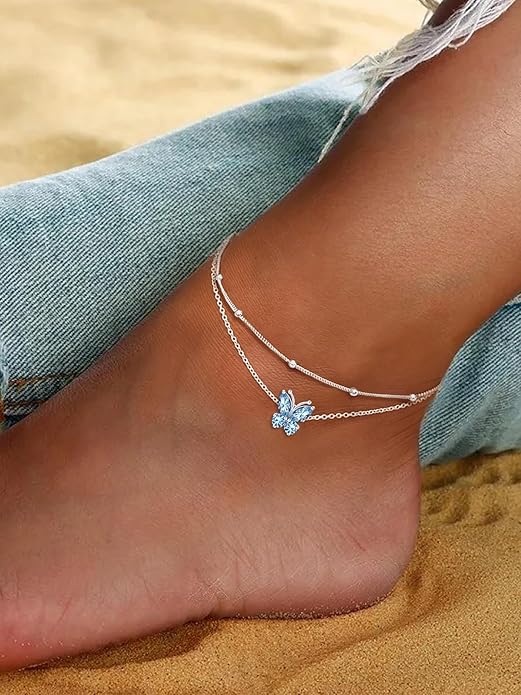 ChicSilver 925 Sterling Silver Anklets for Women Waterproof, Sparkling Birthstone Ankle Bracelets for Women, Adjustable Layered Butterfly Anklet Summer Beach Jewelry