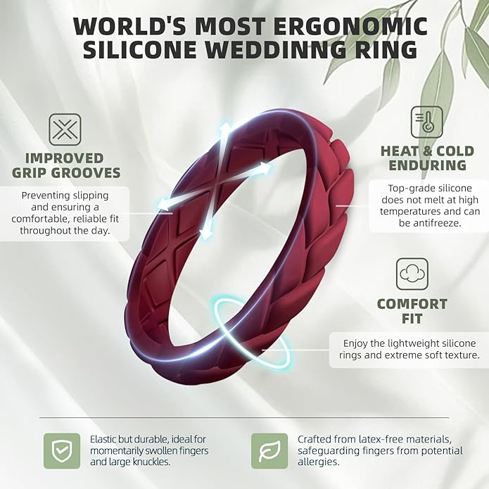 Egnaro Women's Silicone Stackable Rings 3.5mm Wide 2mm Thick, Rubber Flexible Hypoallergenic Wedding Bands For Workout Leaf Braided Fashion
