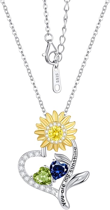 PERJI Valentine's Day Gifts for Women - 925 Sterling Silver Double Birthstone Sunflower Necklace, Anniversary Birthday Jewelry You are My Sunshine Gifts for Wife Couple Girlfriend 18"+2" Non Tarnish