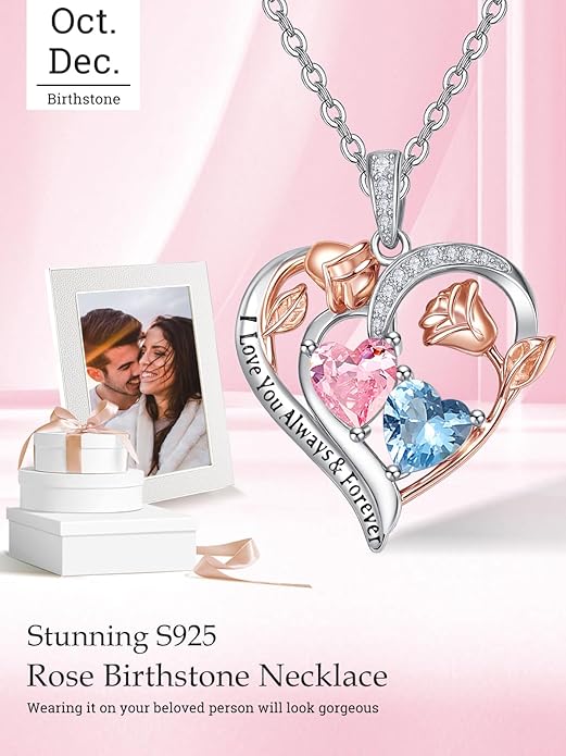 Zeuslia Double Birthstone Necklace Gifts for Wife - 925 Sterling Silver Sunflower/Rose/Crown Cross/Compass/Heart Pendant I Love You Necklace, Anniversary Birthday Gifts for Wife Girlfriend Mom Her