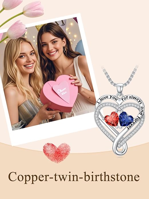 I Love You for Awlays and Forever Double Heart Necklace with Birthstone, 2 Birth Stone Jewelry Anniversary Valentines Mothers Day Christmas Birthday Gifts for Women Her Wife Girlfriend Mom Mother