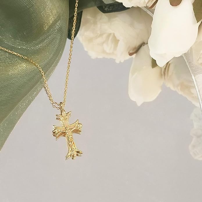 Partm Gold Cross Necklace for Women 14K Plated Dainty Pendant Cross Chain Faith Crucifix Choker Baptism Necklace for Women Trendy Religious Jewelry Hypoallergenic