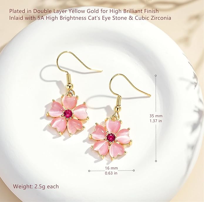 VONSSY Elegant Cherry Blossom Necklace Earrings Pink Cats Eye Flower Flora Sakura Gemstone Crystal Pendant 18k Gold Plated Chain Jewelry Set Gift for Woman Wife Girlfriend