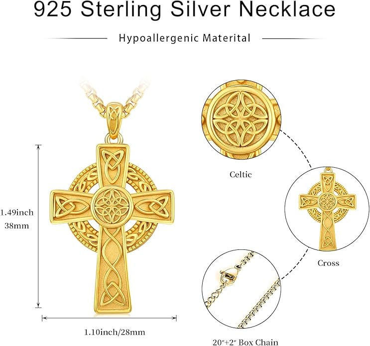 Midir&Etain Celtic Cross Necklace 925 Sterling Silver Cross Pendant Necklace Celtic Viking Irish Jewelry Religious Protective Gift for Men Women