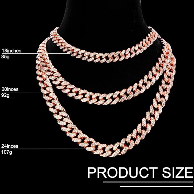 Batiyeer 3 Pcs Cuban Link Chain Necklace Bracelet Rhinestone Hoop Earrings Bling Crystal Hip Hop Jewelry for Women(18 Inch,Rose Gold)