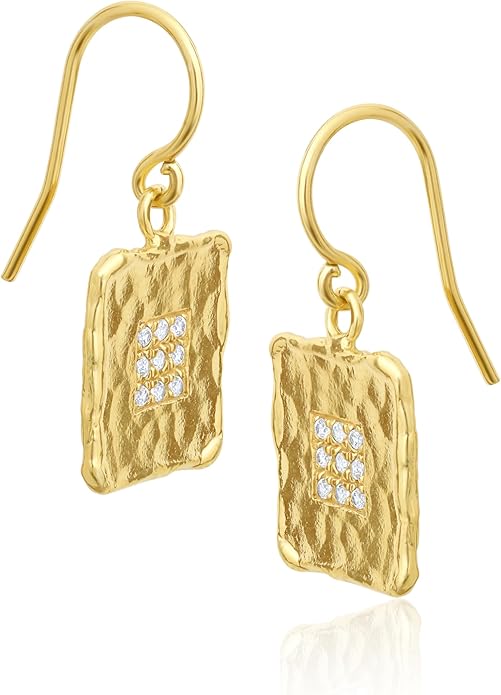 JEAN RACHEL JEWELRY 14K Gold Plated Sterling Silver Earrings for Women - Square with Cubic Zirconia Vintage Design - Hypoallergenic, Lead & Nickel Free - Artisan Handcrafted Statement Earrings