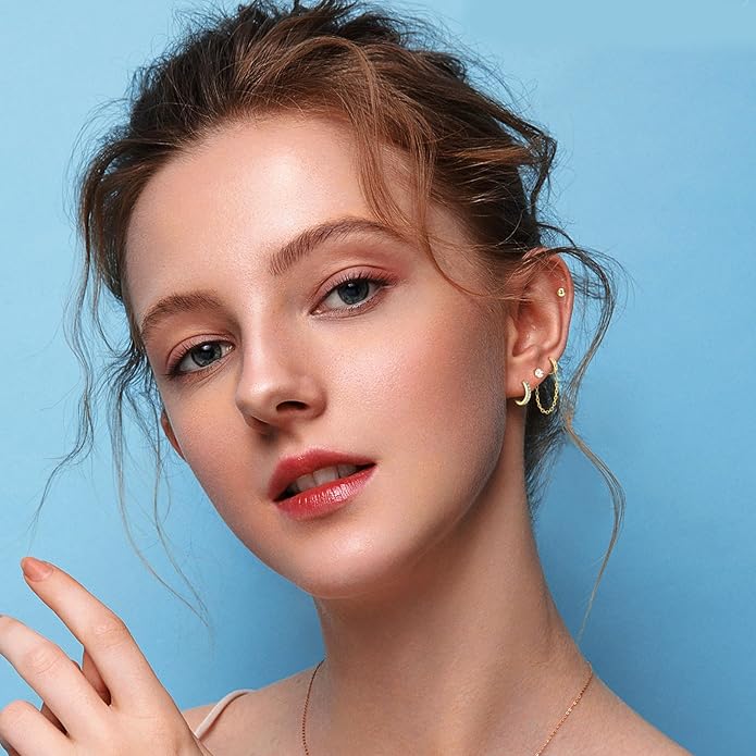 Gold Hoop Earrings for Women - 4 Pairs 14K Gold Plated Dainty Huggie Stacks Set for Multiple Piercing, Hypoallergenic Cartilage Earrings CZ Trendy Fashion Jewelry