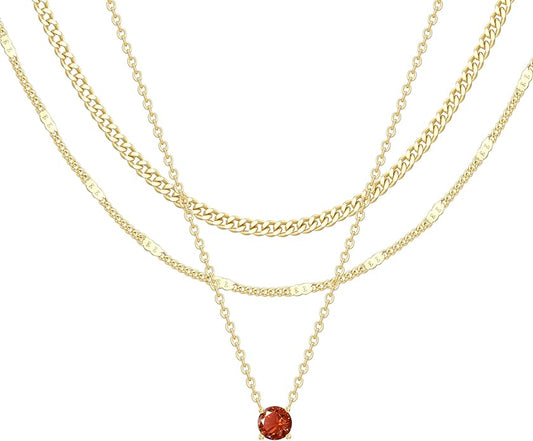 WomenGifts Layered Gold Necklaces for Women, 14K Gold Sterling Silver Plated Dainty Pendant Necklace Set with Cubic Zirconia Circle, Chunky Stackable Cuban Chain Choker, Trendy Personalized Birthstone Jewelry Gift Non Tarnish
