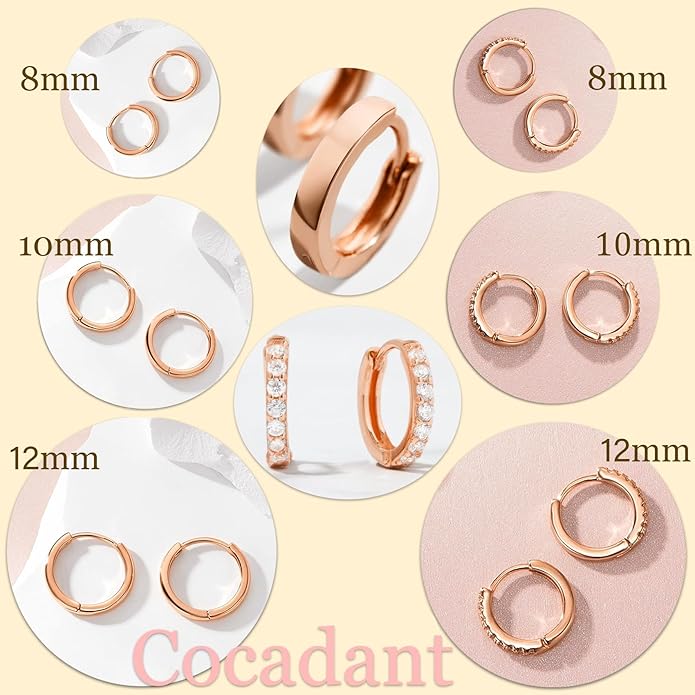 Cocadant 6 Pairs 925 Sterling Silver Small Hoop Earrings for Women,14k Real Gold Hypoallergenic Tiny Cubic Zirconia Cartilage Huggie Earring Sets for Multiple Piercing Trendy Jewelry 8/10/12mm