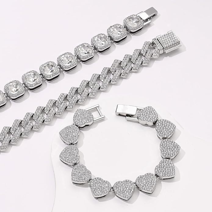 4-PCS Cuban Link Bracelets for Women,Diamond Tennis Bracelet Set,14K Gold Plated Layered Stackable Jewelry, Adjustable Bling Gift Set for Women