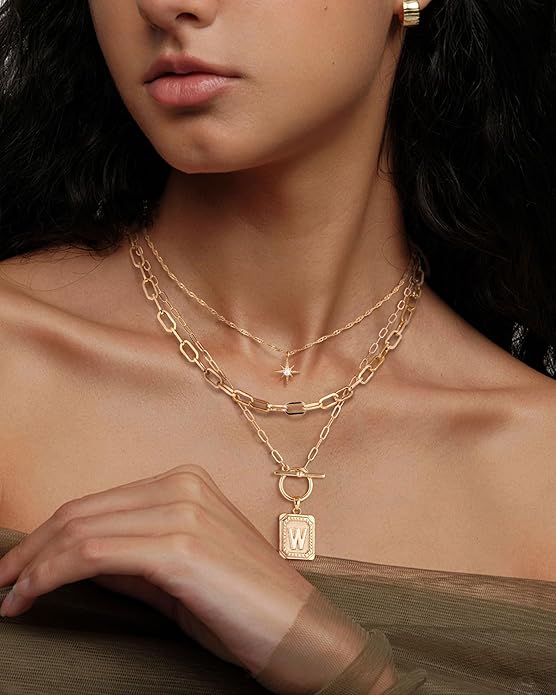 MJartoria Layered Initial Necklaces for Women Trendy, 14K Gold Plated Brass Simple Star Choker Square Letter Pendant Necklace, Paperclip Chain Necklaces Jewelry Gifts