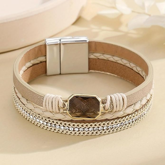 Fesciory Leopard Bracelet for Women, Boho Leather Wrap Multi-Layer Pearl Crystal Bracelet Bangle Jewelry