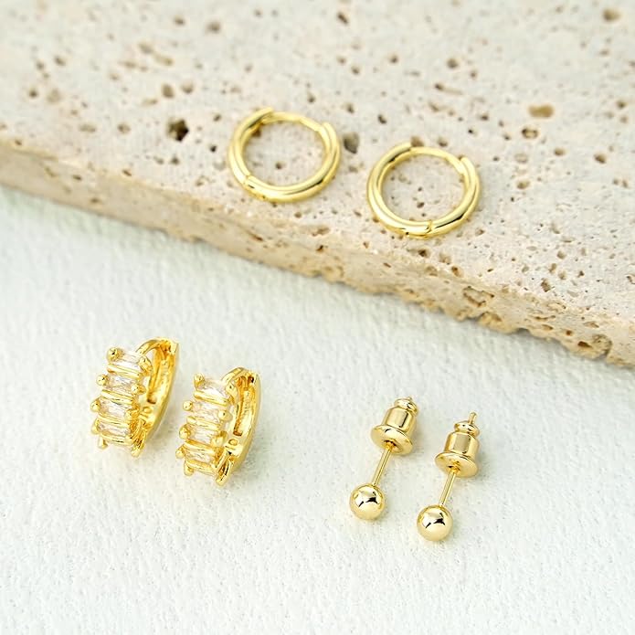 Gold Hoop Earrings Set for Women 14K Gold Silver Plated Huggie Earring Pack Multiple Piercing Dainty Cartilage Earring Hypoallergenic Trendy Cubic Zirconia CZ Earring Stack Jewelry Gifts
